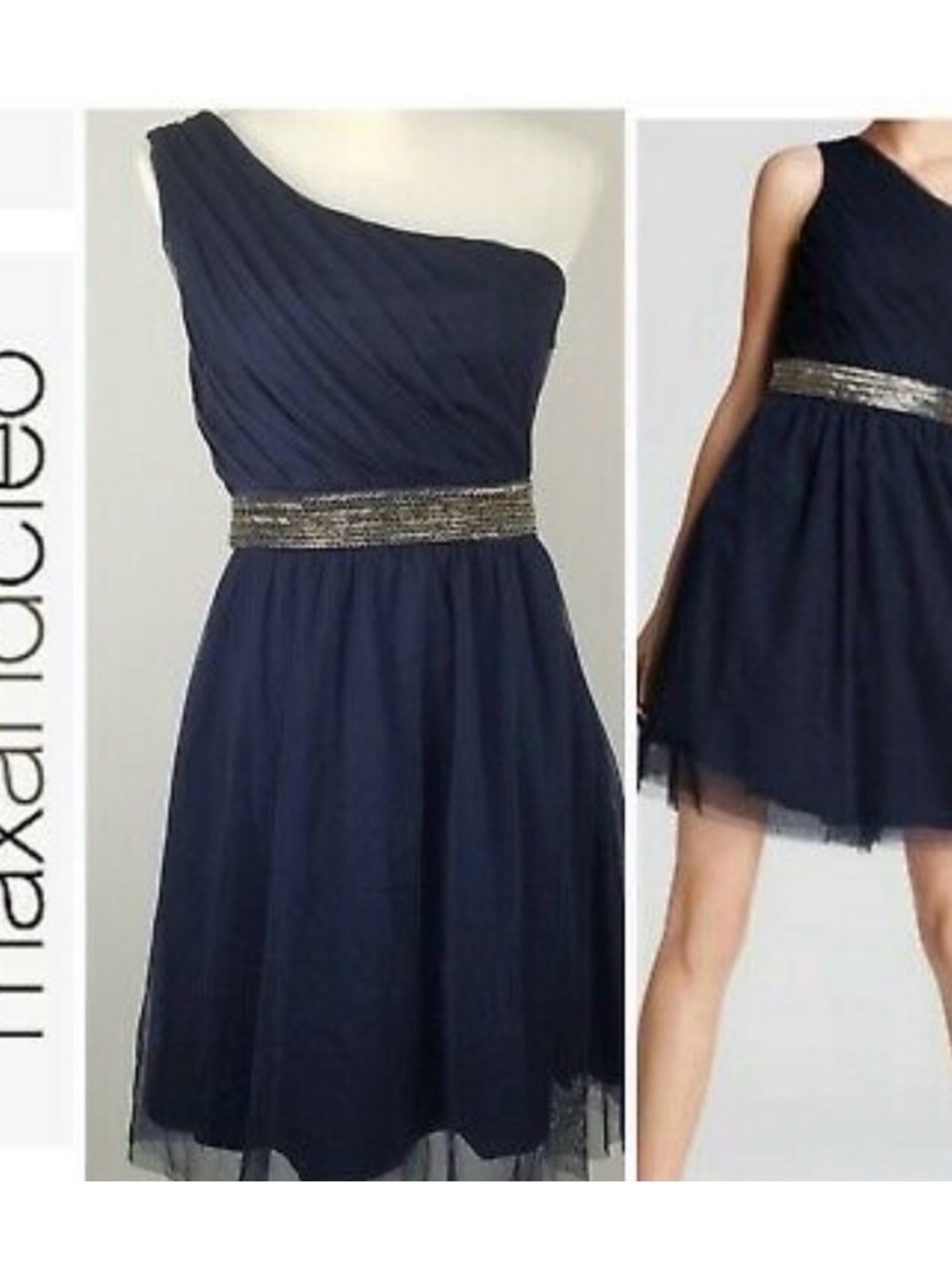 Navy One-Shoulder Party Dress with Embellished Waist
